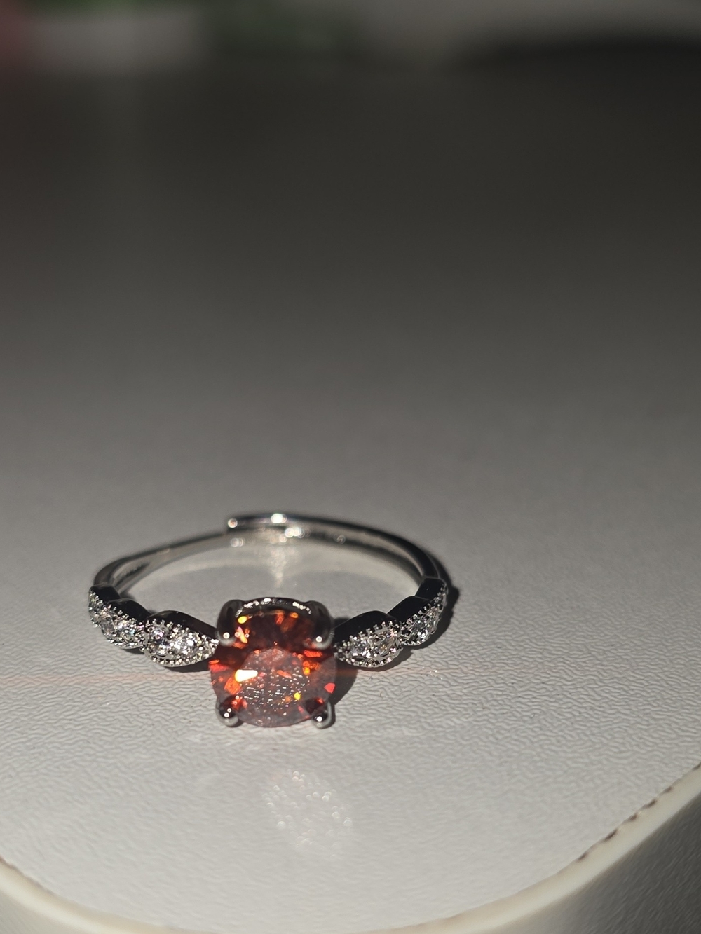 New Silver Tone Adjustable Band Ring Orange Round Moissanite Stone